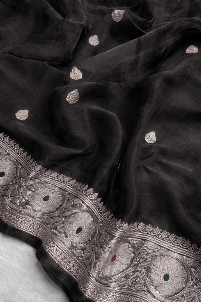 BLACK COLOUR PURE KHADDI CHIFFON TISSUE SILK SAREE