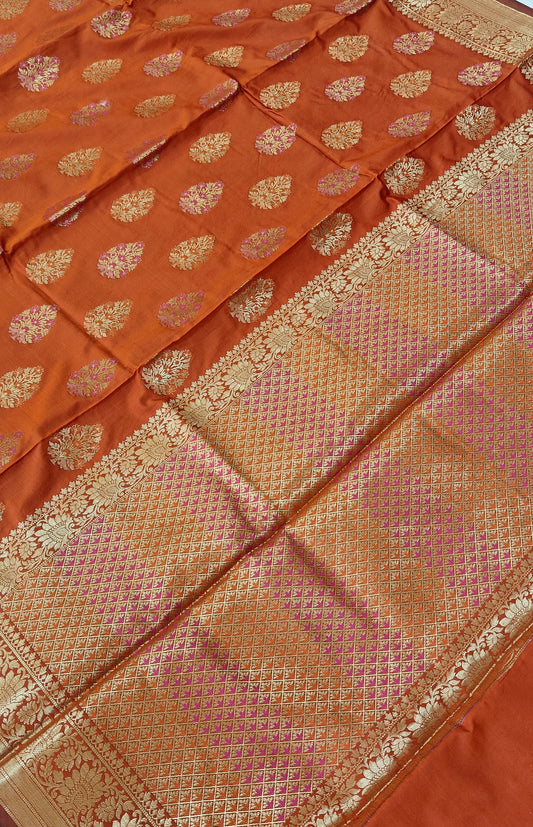 Banarasi katan by katan silk saree in orange colour with multiple meenakari work