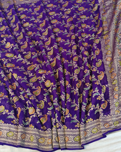 Pure georgette banarasi saree in purple colour with handbrush paint work