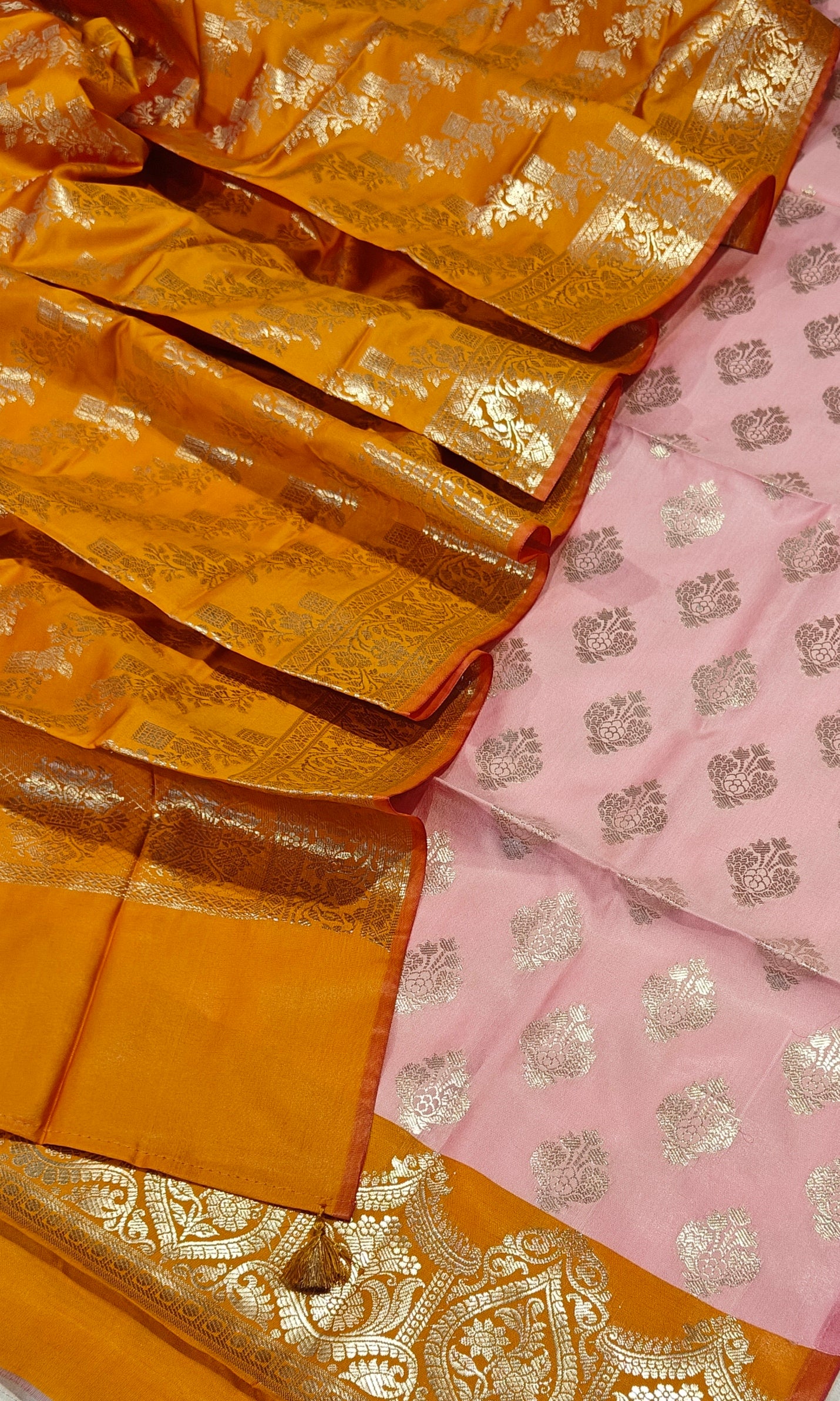 Banarasi soft silk suit in baby pink and fanta orange colour combination