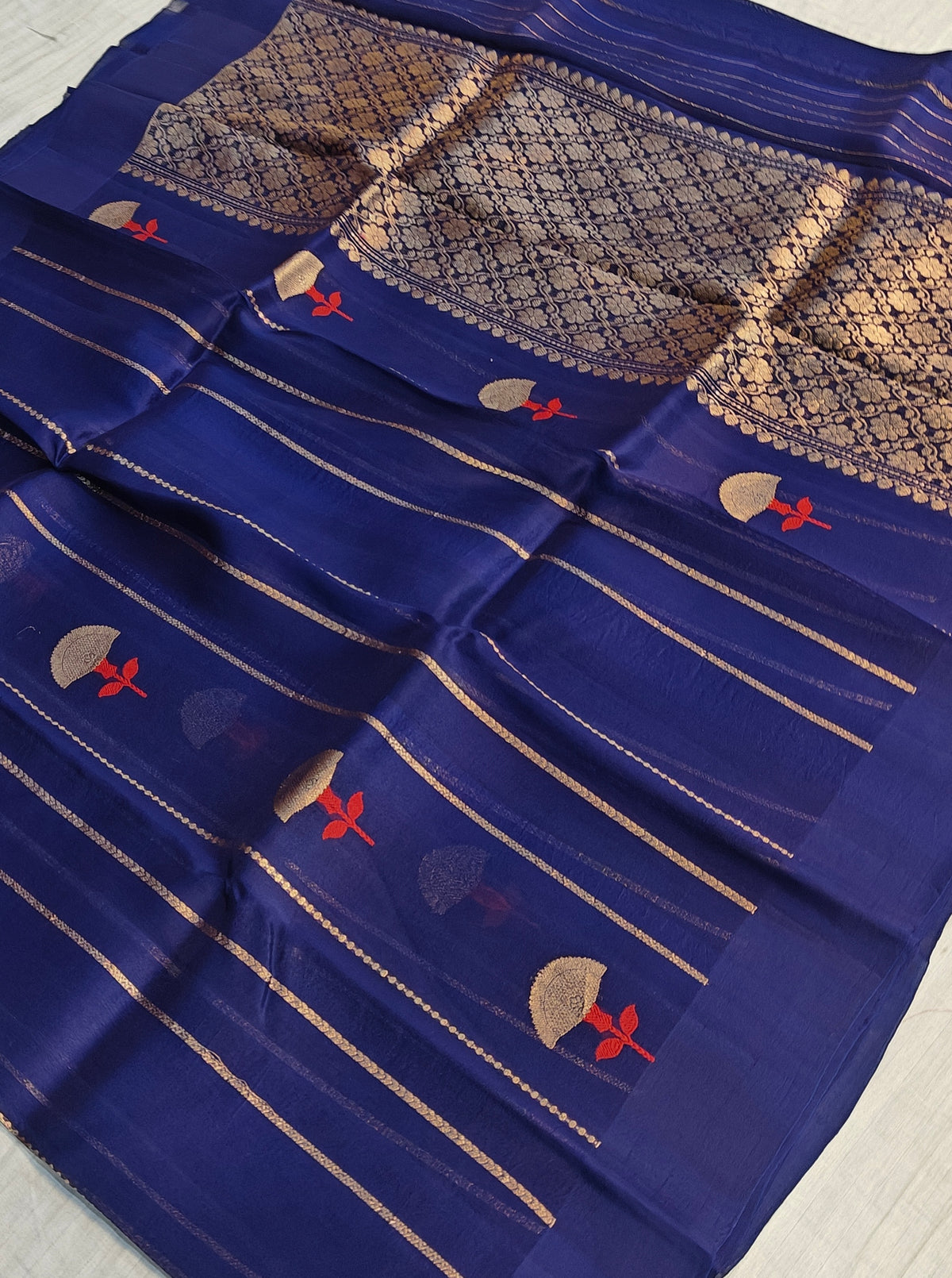 Pure handloom kora silk saree in stripes design with meenakari work in navy blue colour