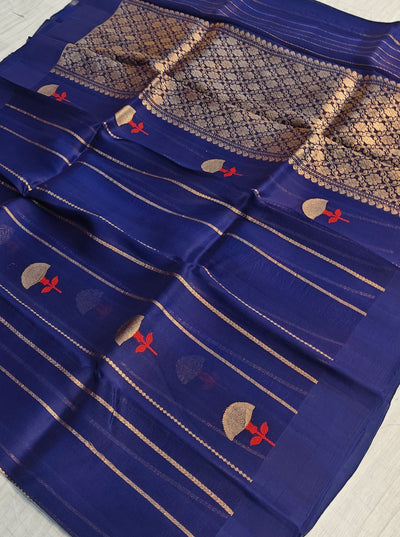 Pure handloom kora silk saree in stripes design with meenakari work in navy blue colour