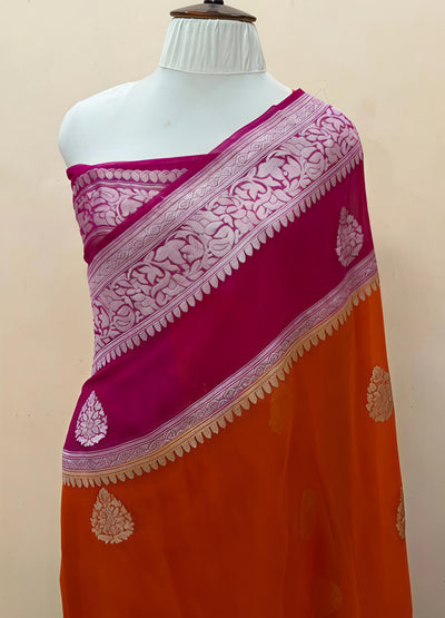 Pure georgette silk saree in temple design in a beautiful combination of orange and rani pink colour