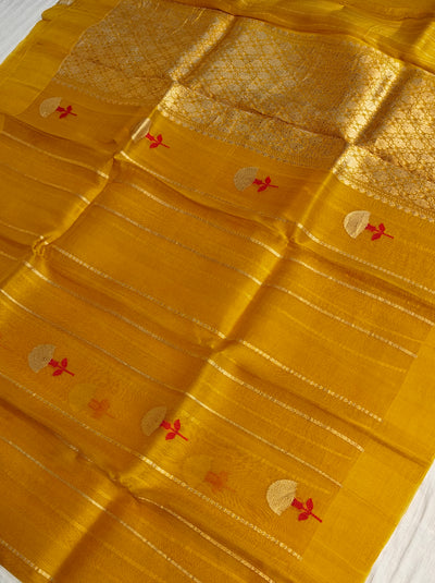 Pure handloom kora silk saree in stripes design with meenakari work in mustard colour