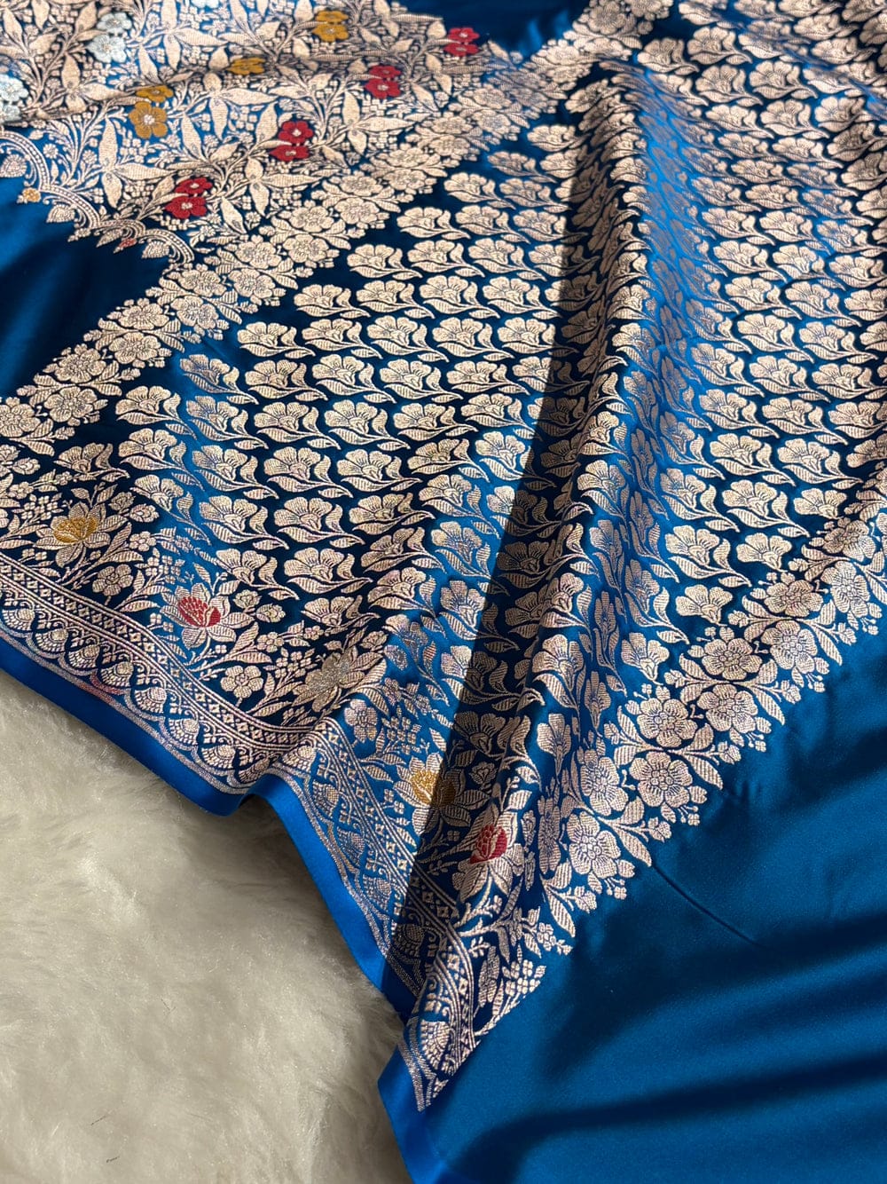 Banarasi Mashru silk meena kari work saree in peacock blue colour