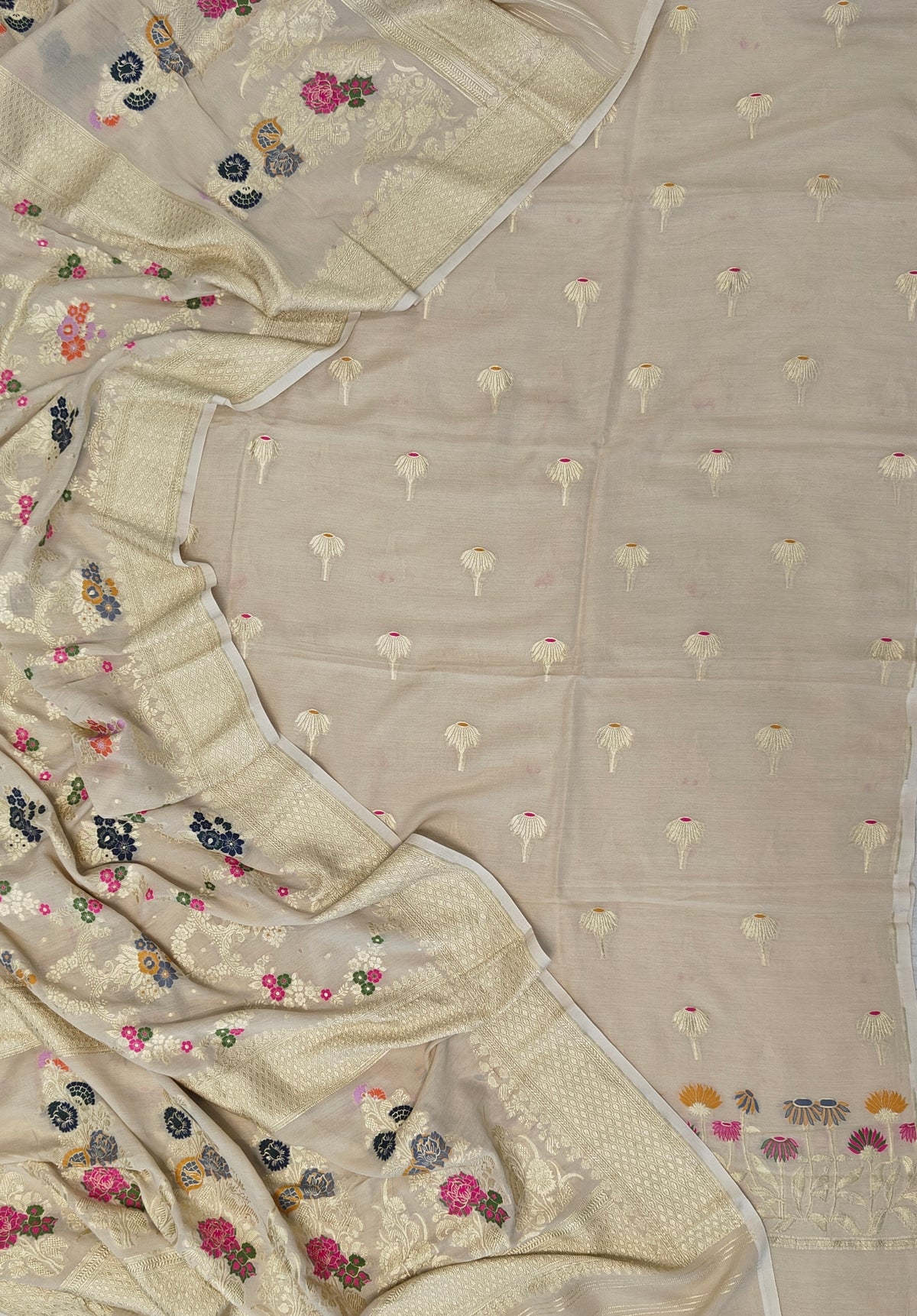 Pure moonga silk suit with meenakari work in off white colour