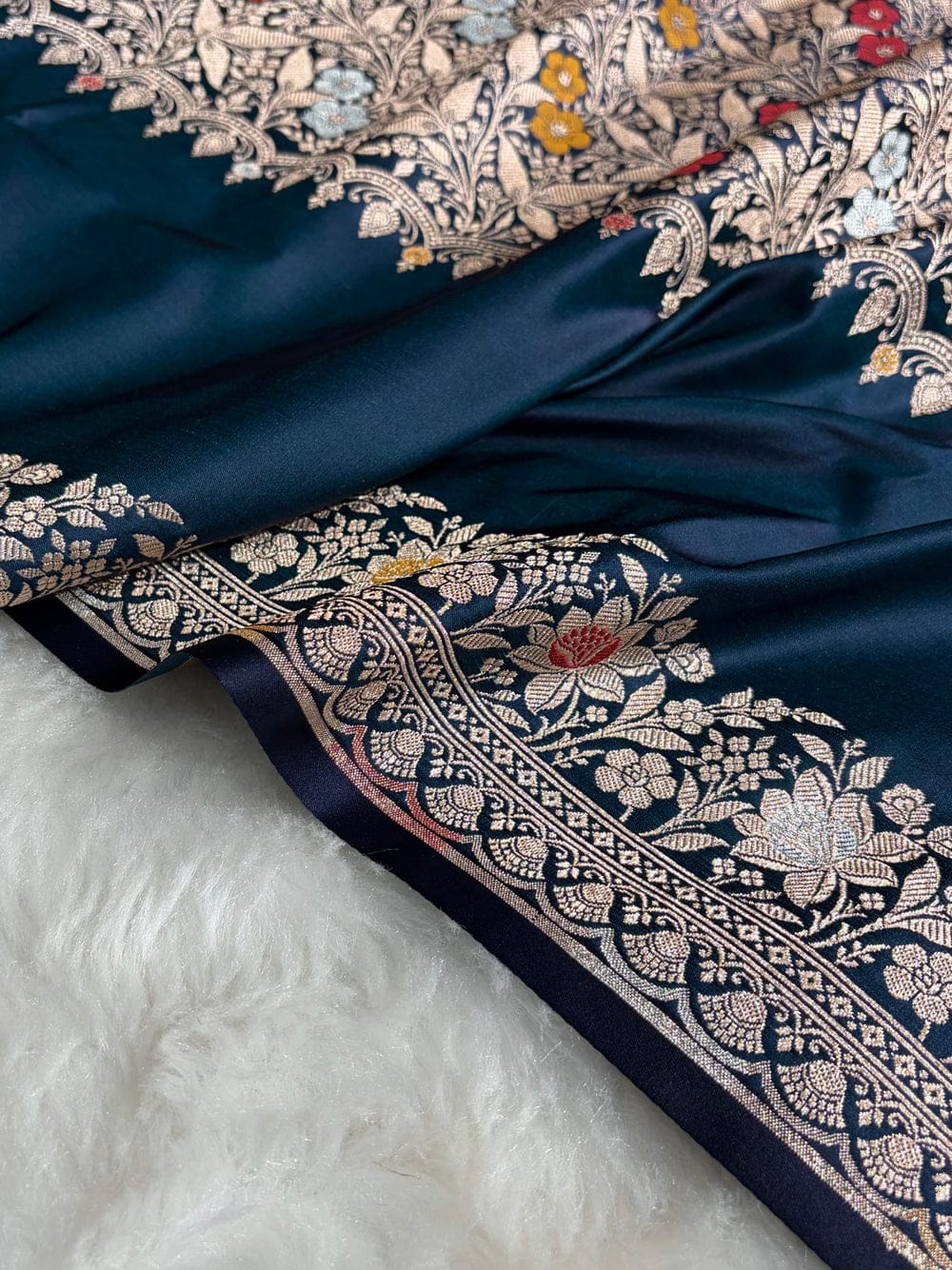 Banarasi Mashru silk meena kari work saree in German blue colour