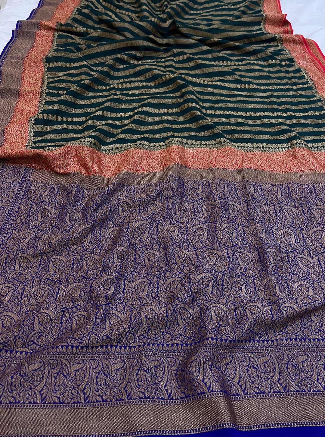 Pure georgette banarasi saree in three colour combinations (3D) with antic zari work