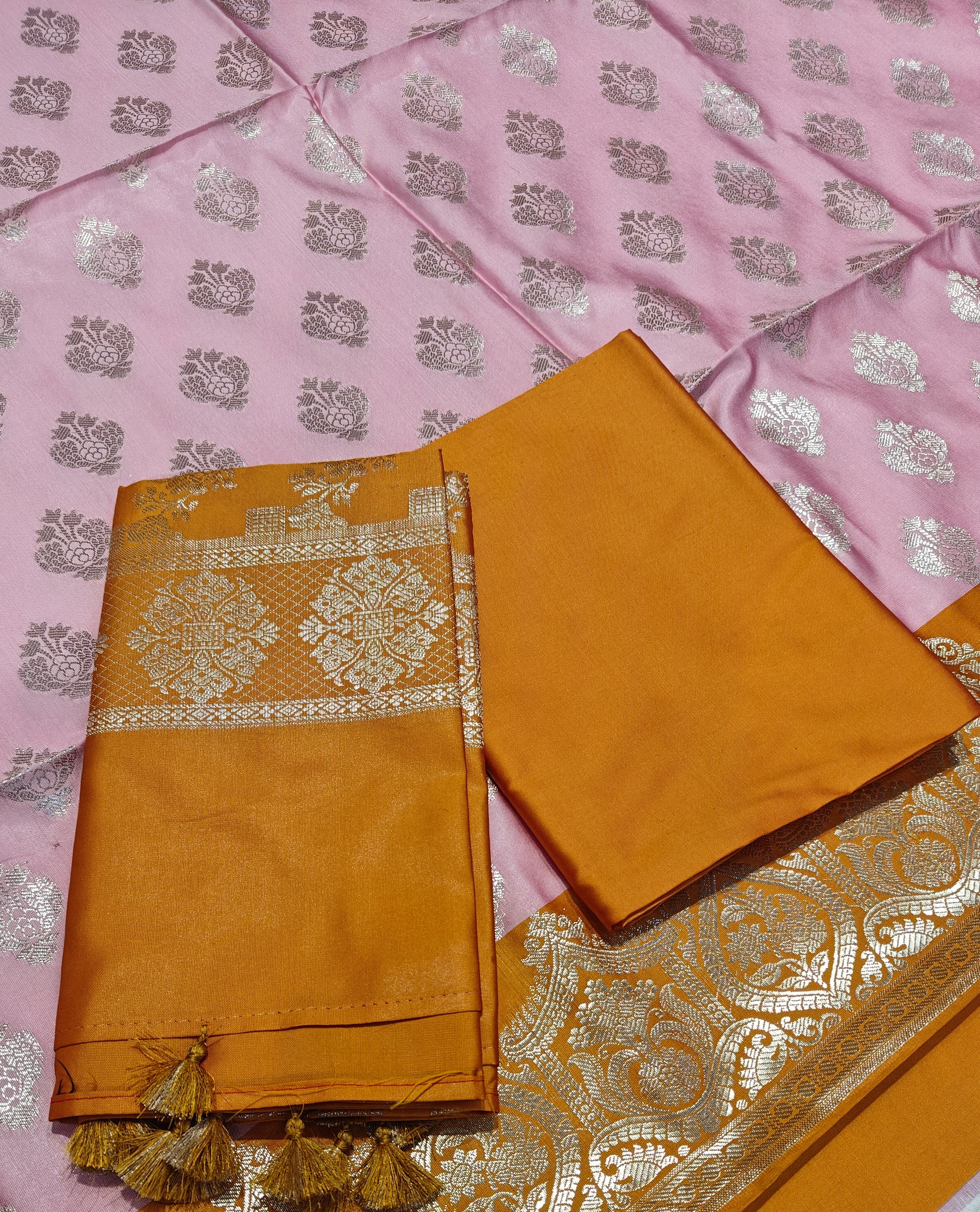 Banarasi soft silk suit in baby pink and fanta orange colour combination