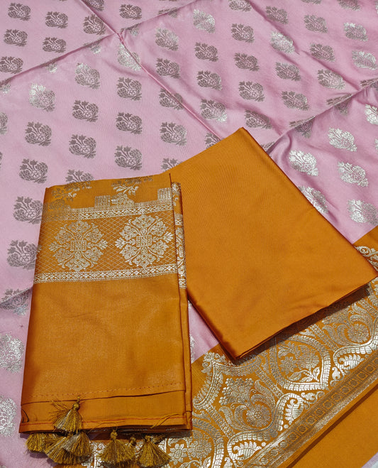 Banarasi soft silk suit in baby pink and fanta orange colour combination