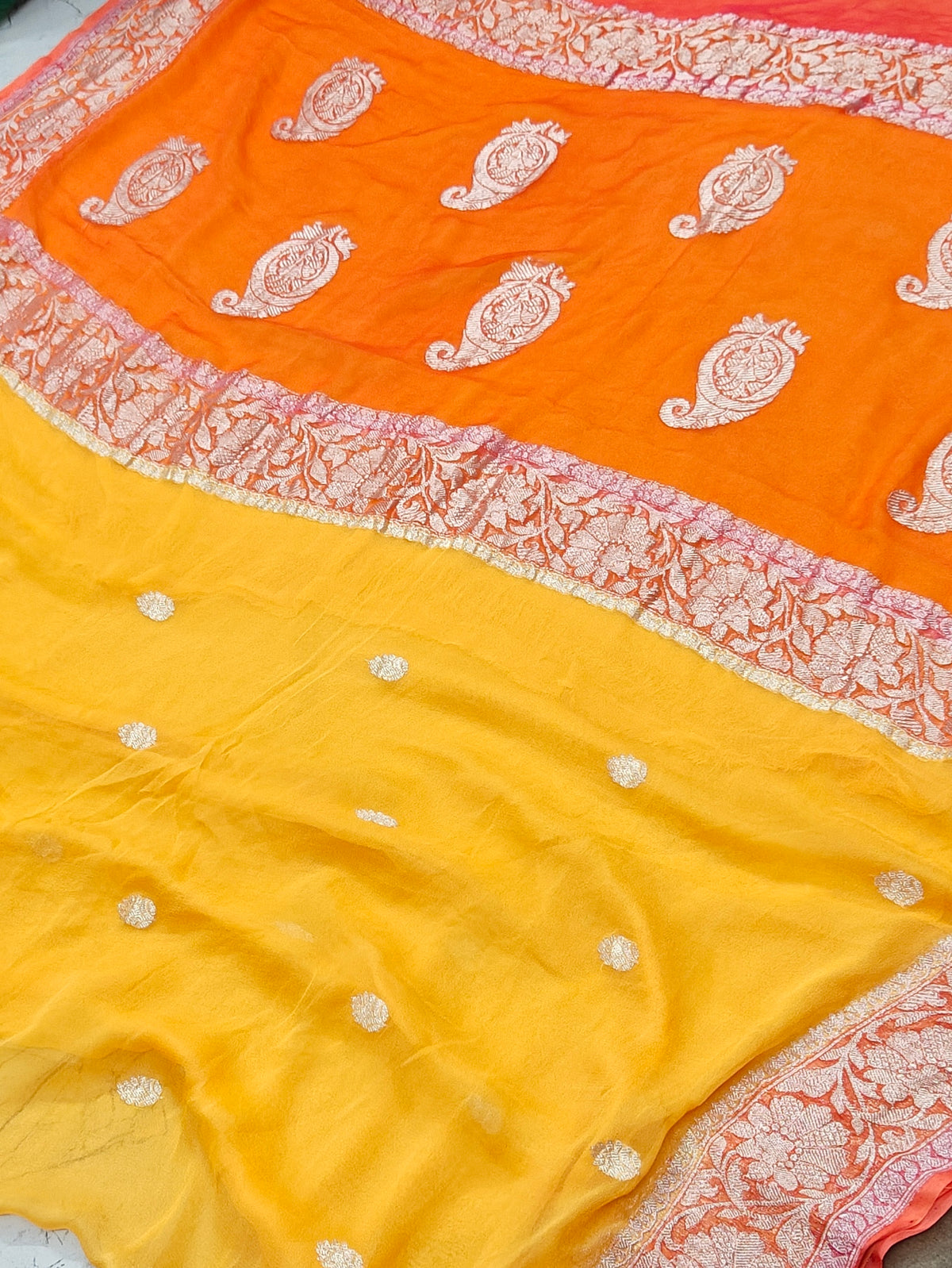 Pure khaddi chiffon saree in 3D yellow and orange colour