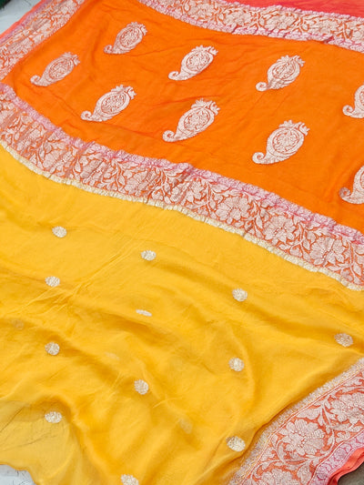Pure khaddi chiffon saree in 3D yellow and orange colour