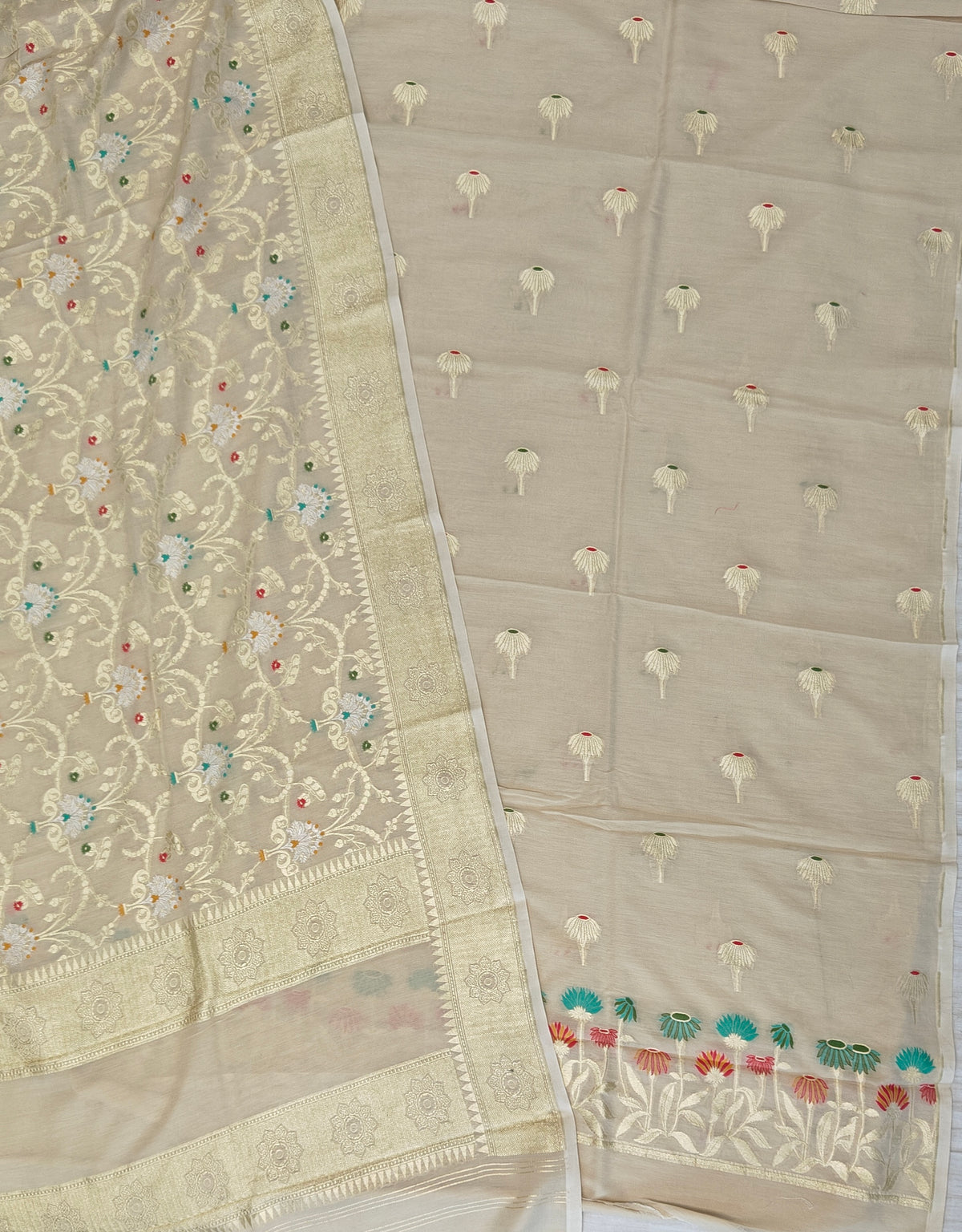 Pure moonga silk suit with meenakari work in off white colour