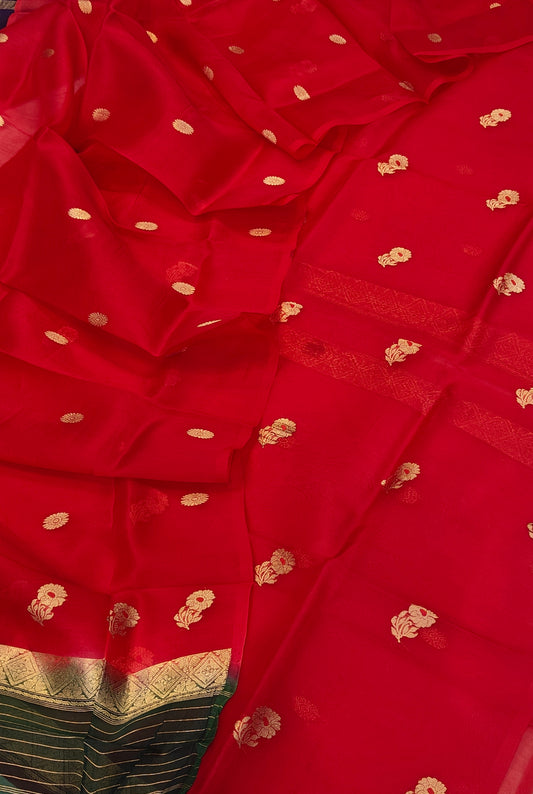 Pure Handloom Kora silk suit set in blood red colour