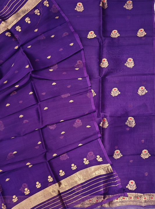 Pure Handloom Kora silk suit set in purple colour with meenakari work
