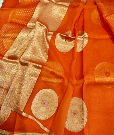 Pure handloom Kora silk saree with Meenakari in beautiful orange colour