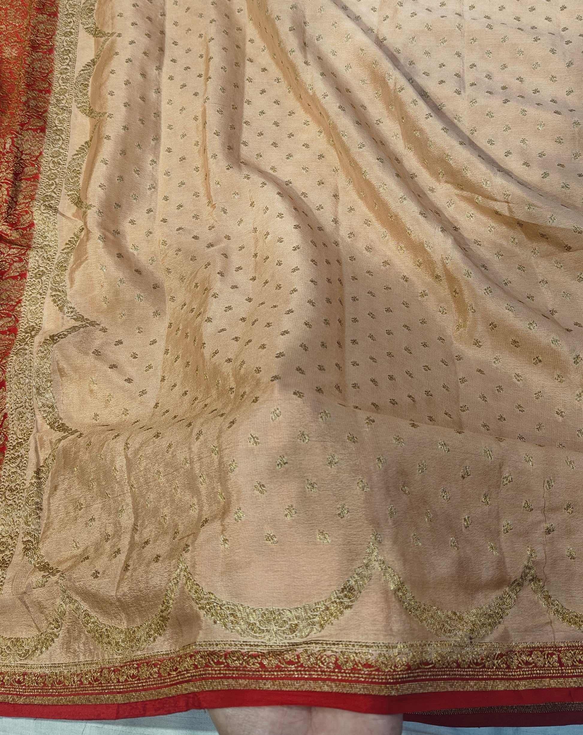 Pure khaddi crepe silk saree laheriya border design with monopoly blouse piece design in off white with blood red