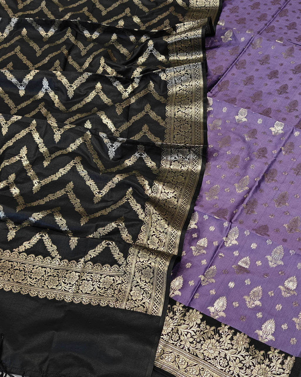 Banarasi soft silk suit in lavender and black colour combination