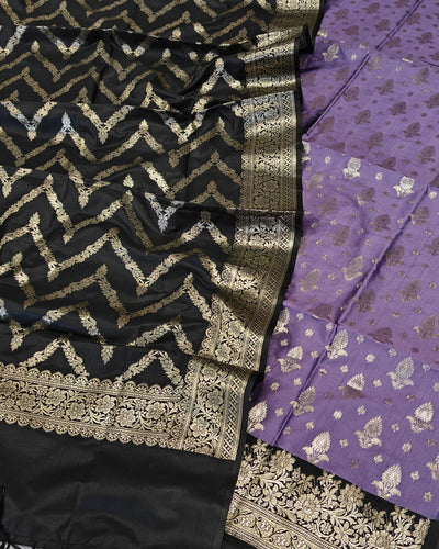 Banarasi soft silk suit in lavender and black colour combination