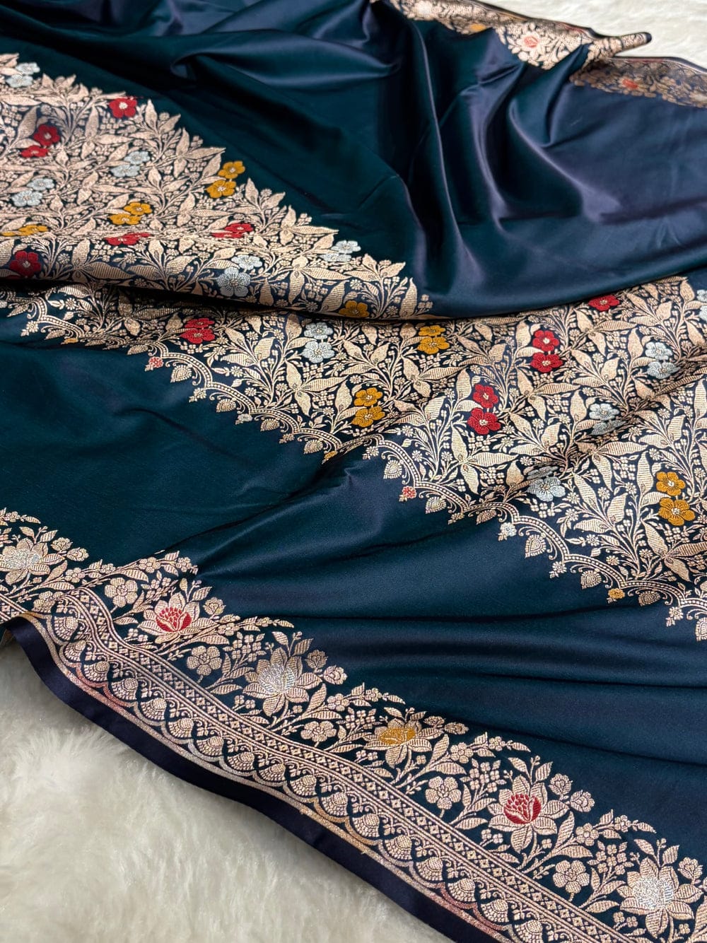 Banarasi Mashru silk meena kari work saree in German blue colour