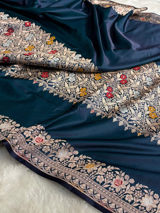 Banarasi Mashru silk meena kari work saree in German blue colour