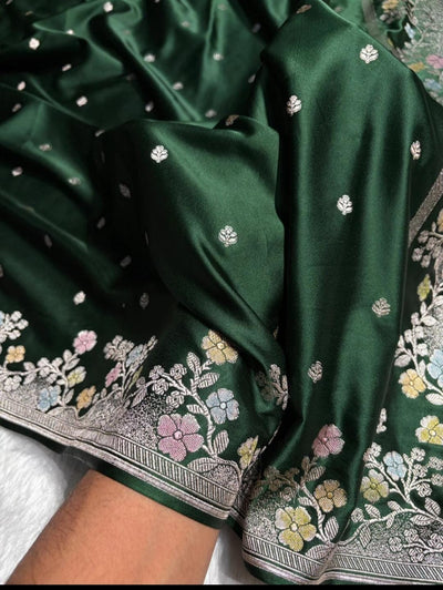 Banarasi Mashru silk saree in bottle green colour with handbrush paint work