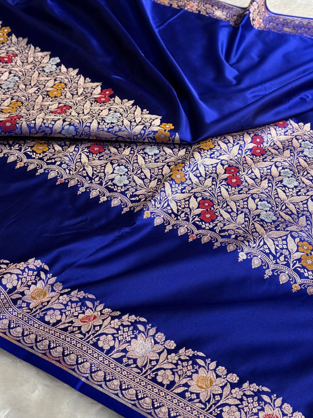 Banarasi Mashru silk meena kari work saree in royal blue colour