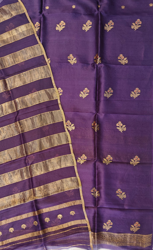 Pure Handloom Kora silk suit set in purple colour