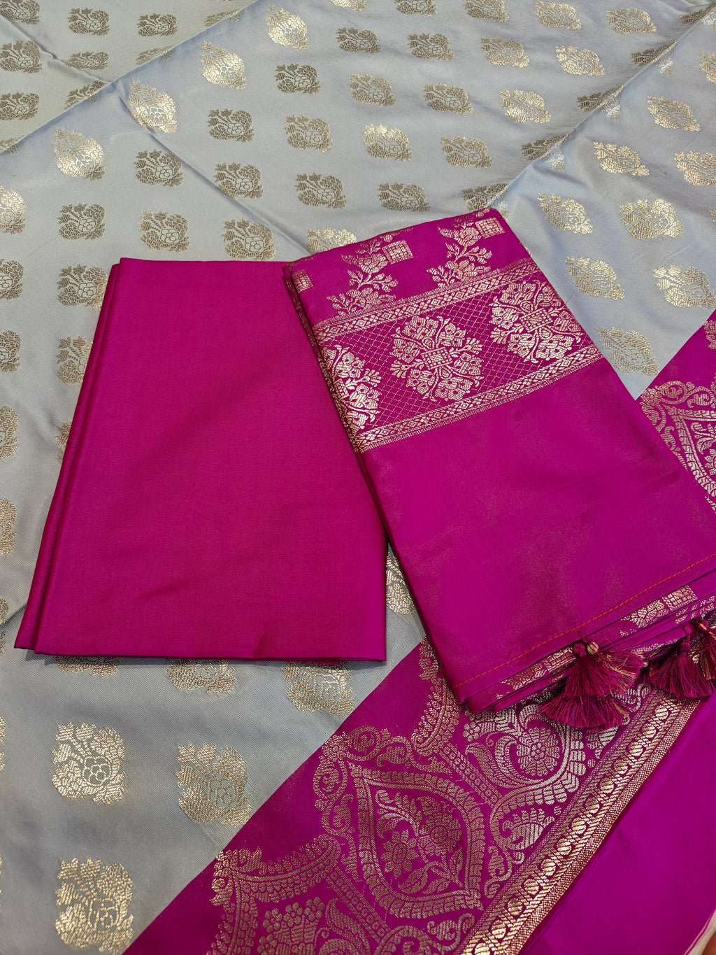 Banarasi soft silk suit in grey and Rani colour combination