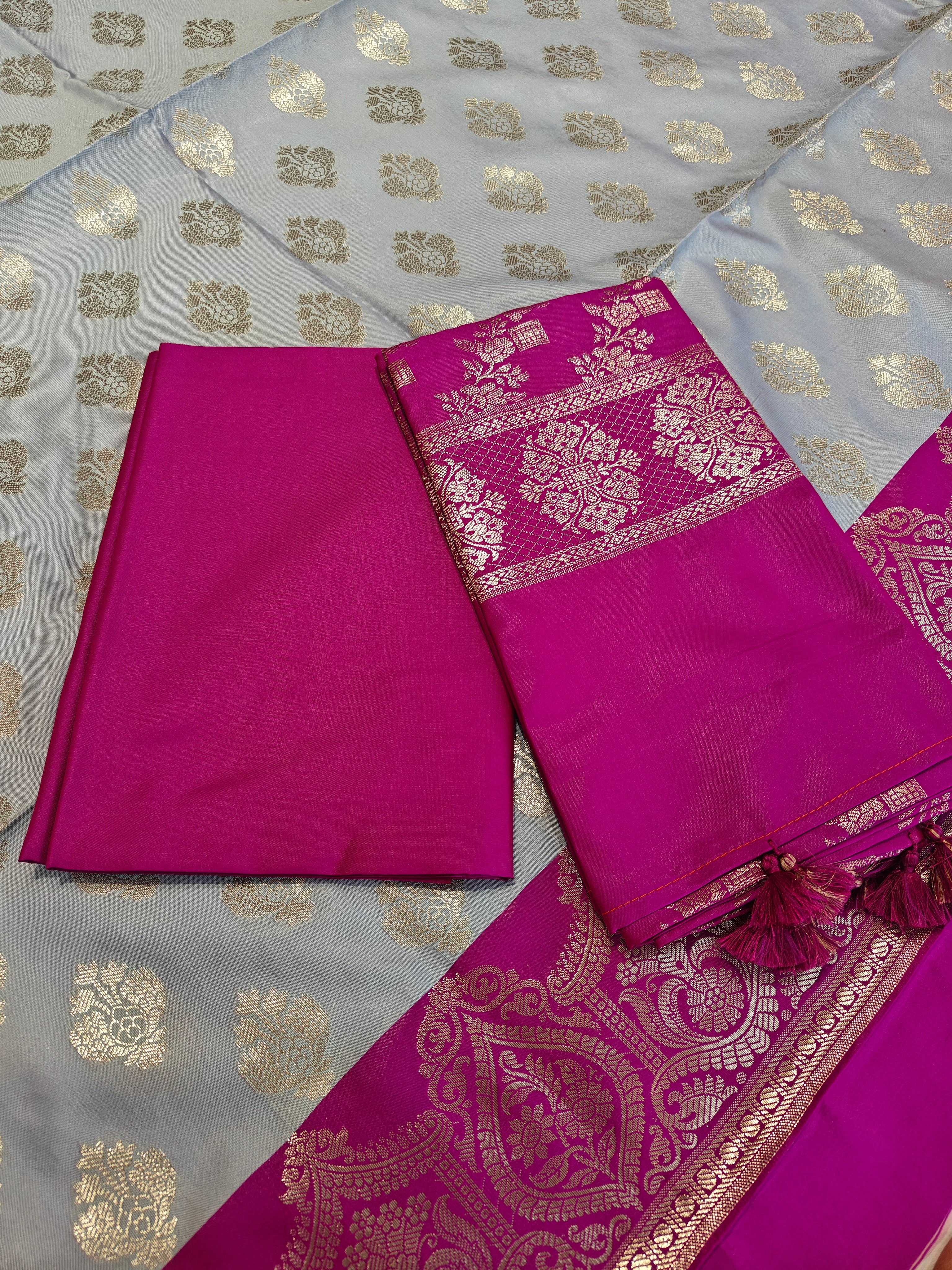 Banarasi soft silk suit in grey and Rani colour combination