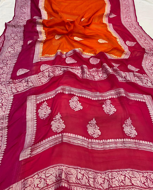 Pure georgette silk saree in temple design in a beautiful combination of orange and rani pink colour