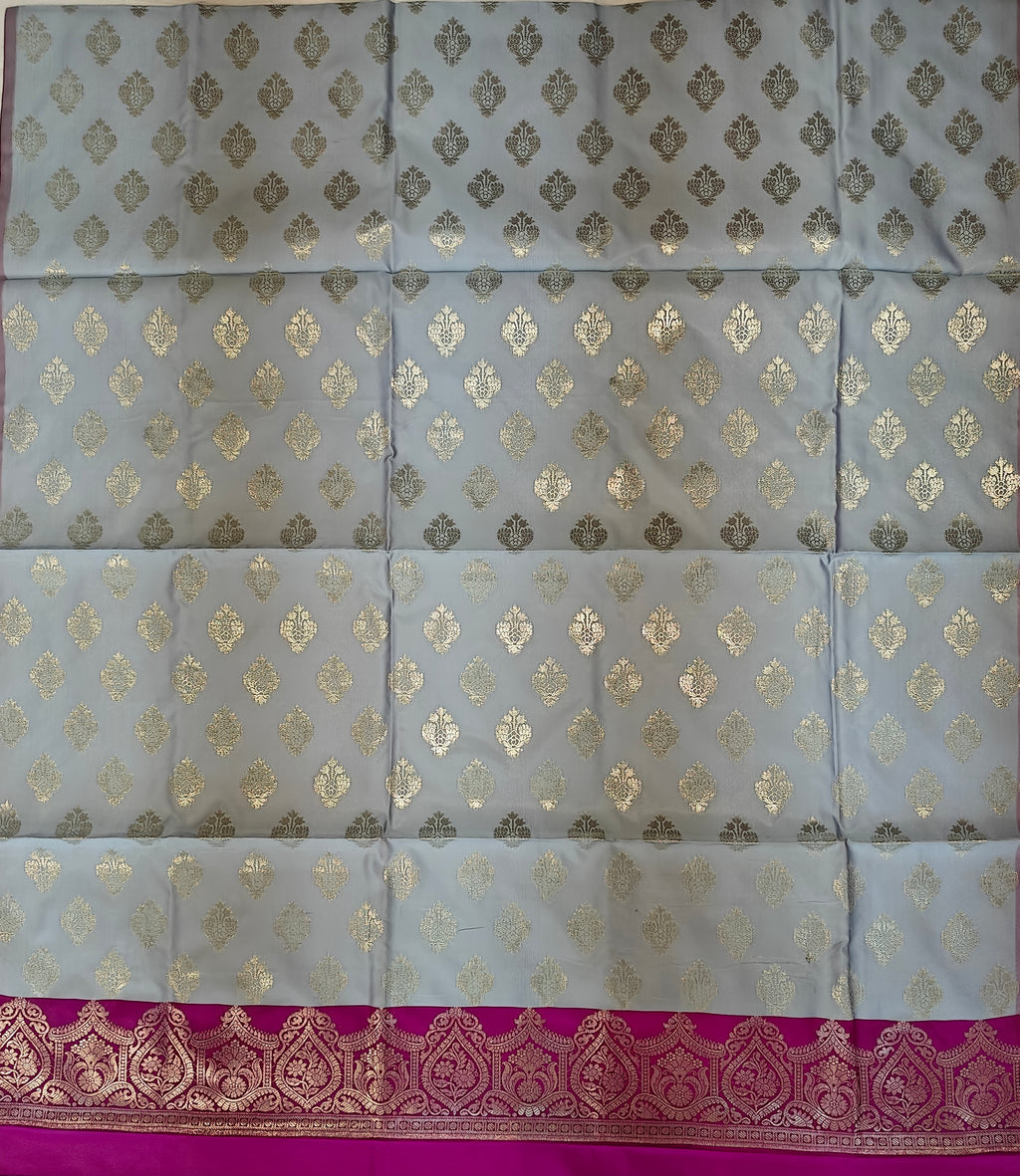 Banarasi soft silk suit in grey and Rani colour combination