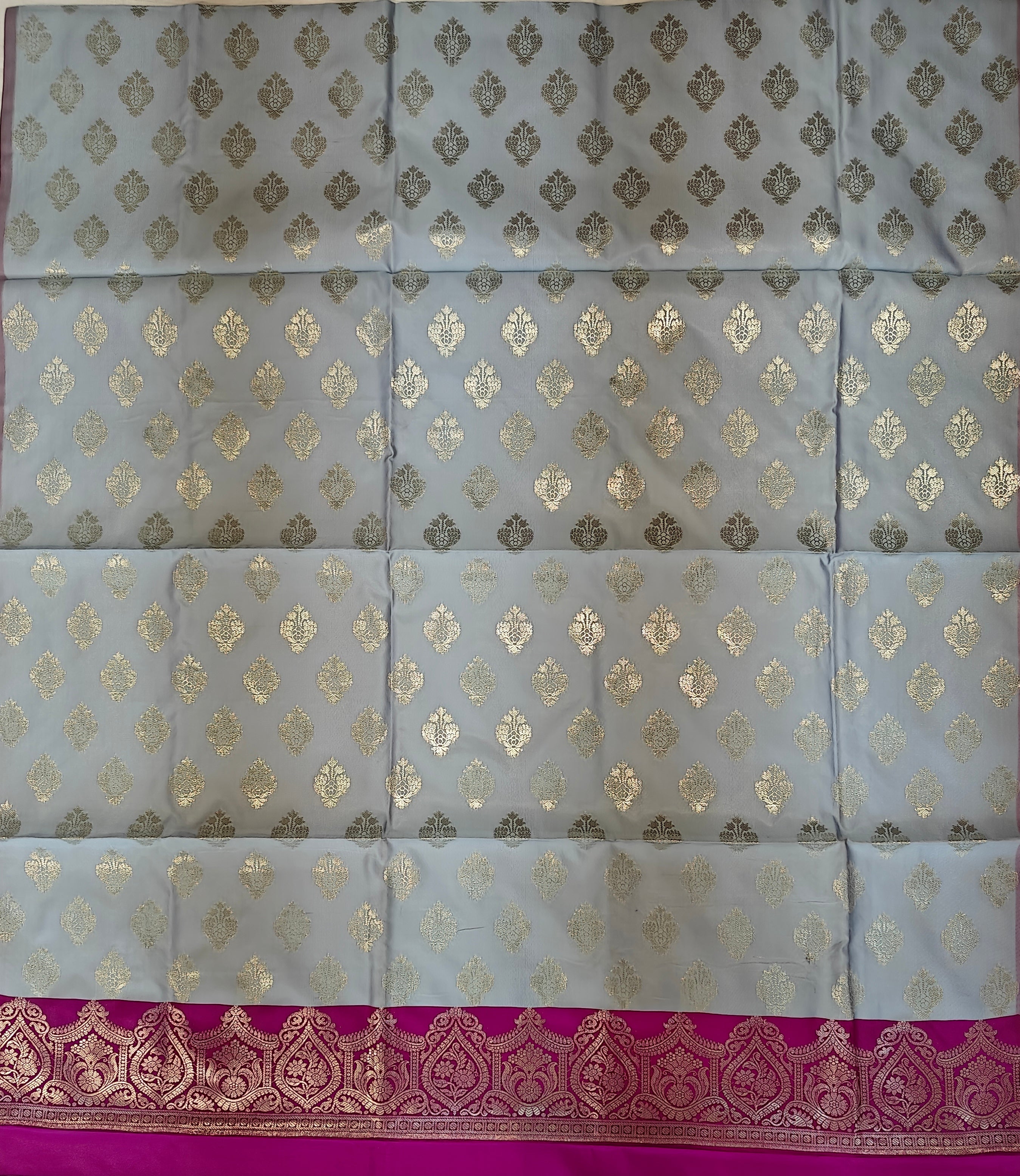 Banarasi soft silk suit in grey and Rani colour combination