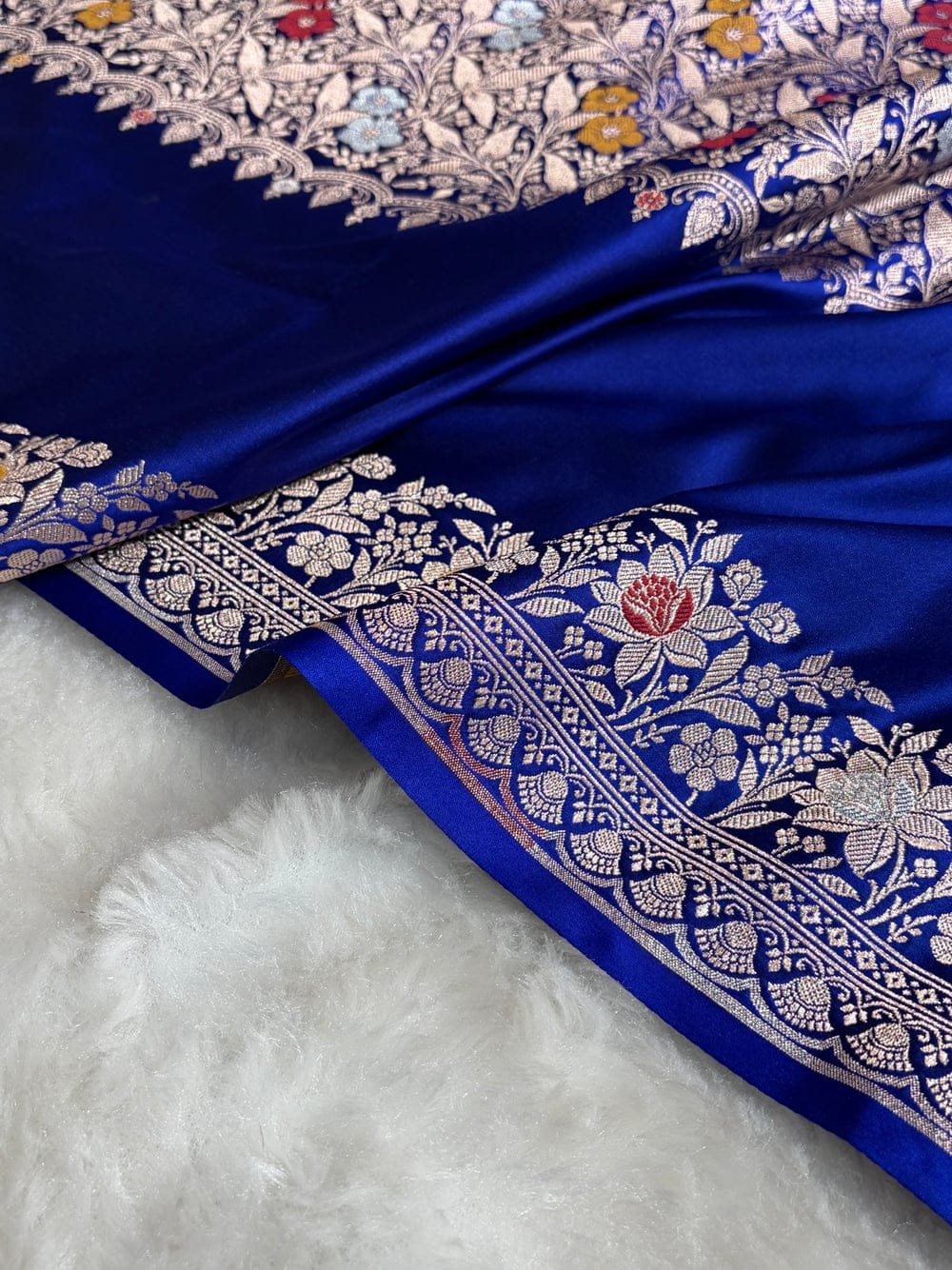 Banarasi Mashru silk meena kari work saree in royal blue colour