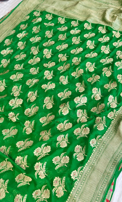 Pure georgette banarasi saree in green colour with multiple meenakari work