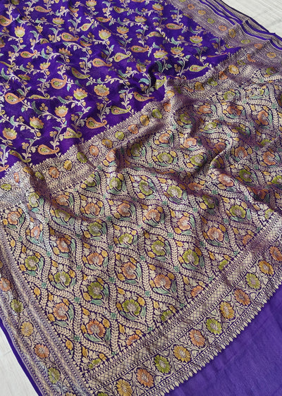 Pure georgette banarasi saree in purple colour with handbrush paint work
