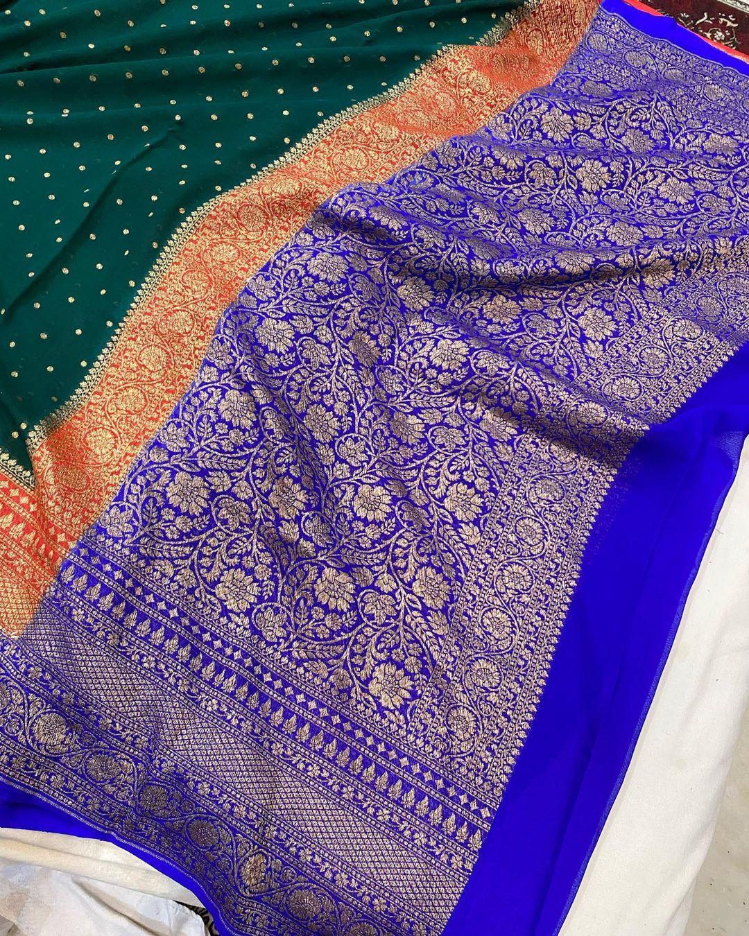 Pure georgette banarasi saree in three colour combinations (3D) with antic zari work