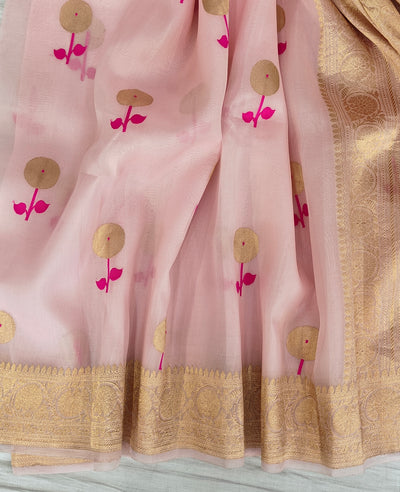 Pure handloom Kora silk saree with Meenakari in beautiful baby pink colour