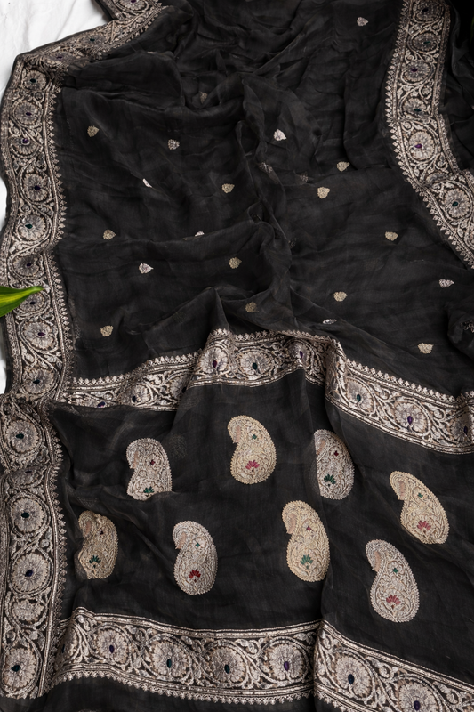 BLACK COLOUR PURE KHADDI CHIFFON TISSUE SILK SAREE
