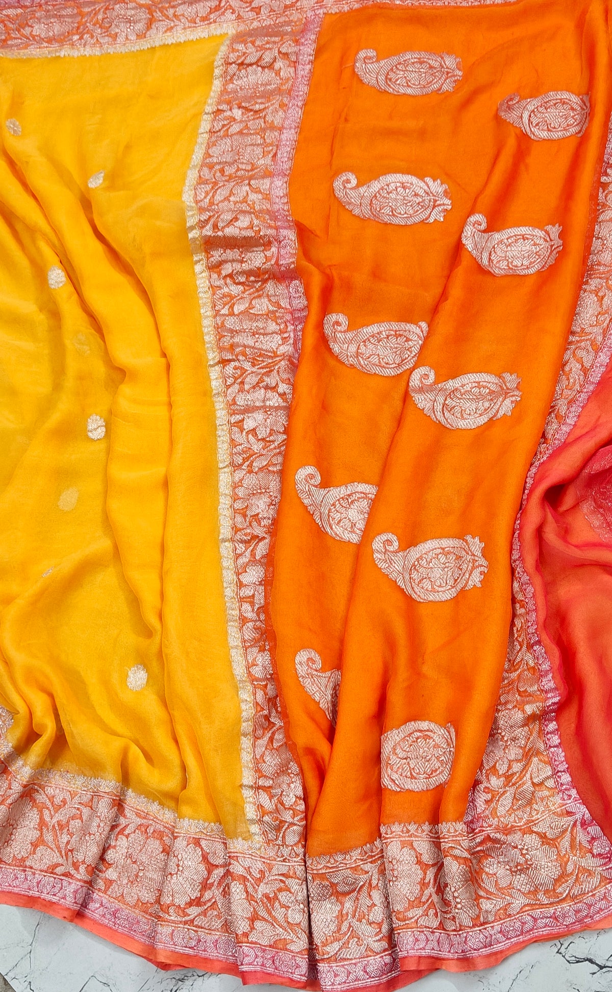 Pure khaddi chiffon saree in 3D yellow and orange colour
