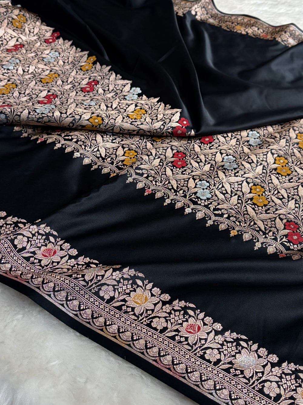 Banarasi Mashru silk meena kari work saree in black colour