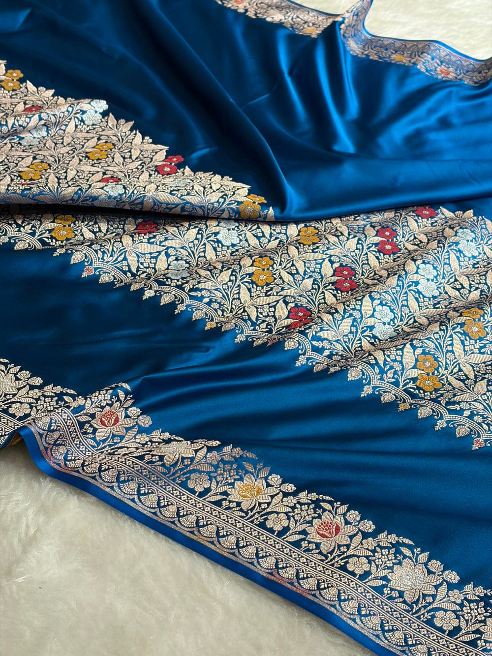 Banarasi Mashru silk meena kari work saree in peacock blue colour
