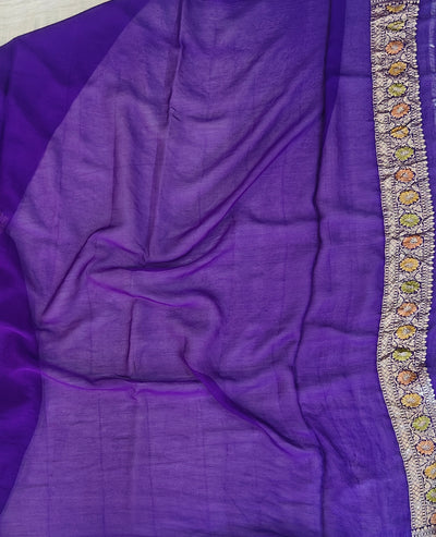 Pure georgette banarasi saree in purple colour with handbrush paint work