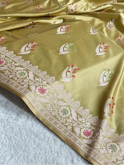 Banarasi Mashru silk meena kari work saree in pista colour