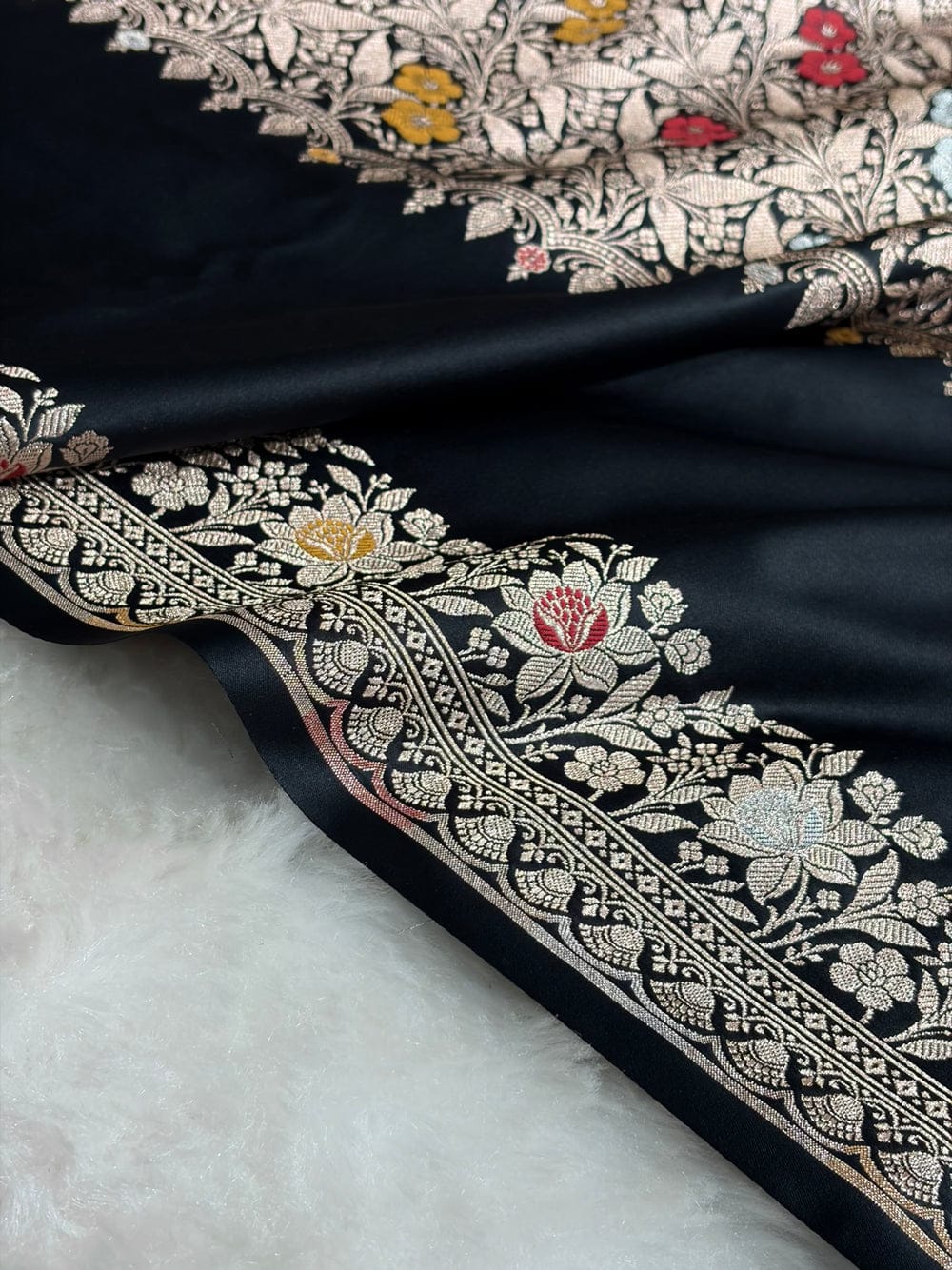 Banarasi Mashru silk meena kari work saree in black colour