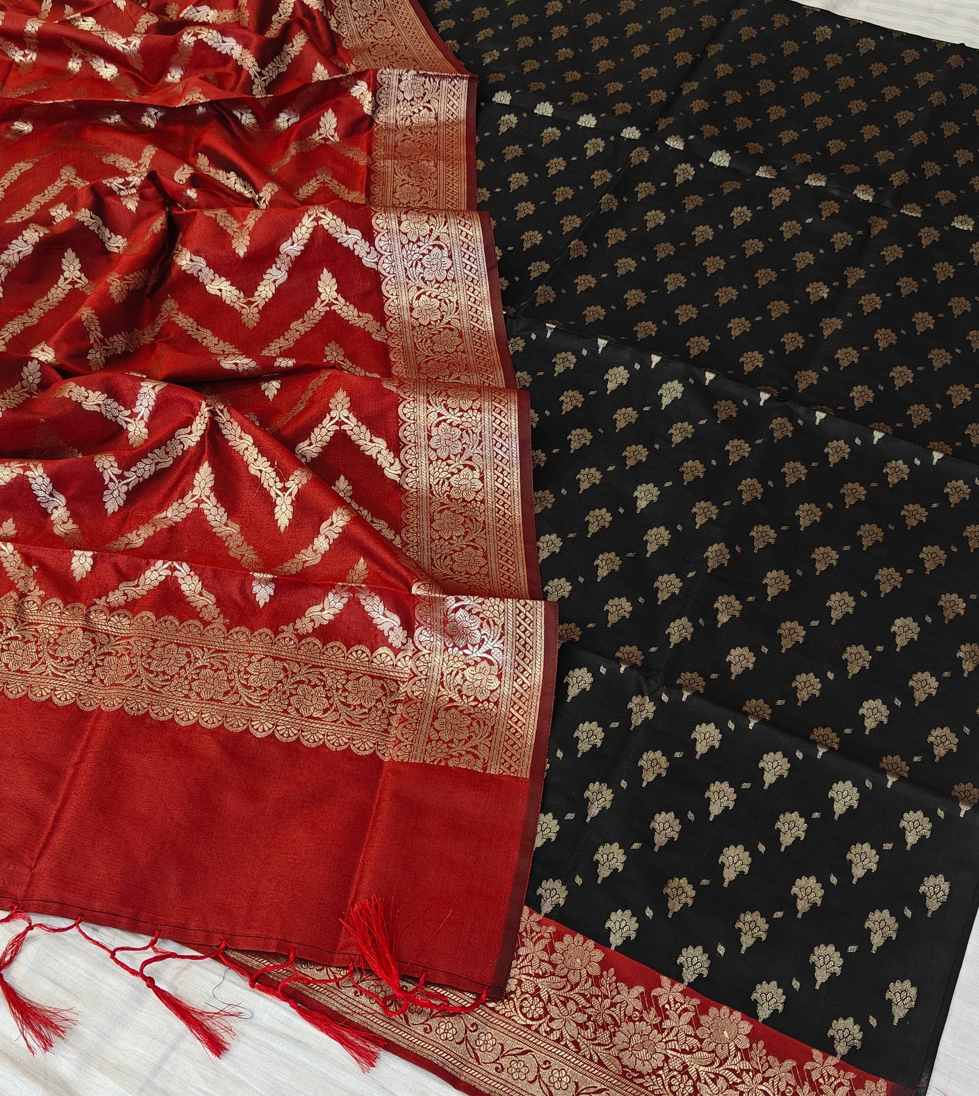 Banarasi soft silk suit in Black and Red colour combination