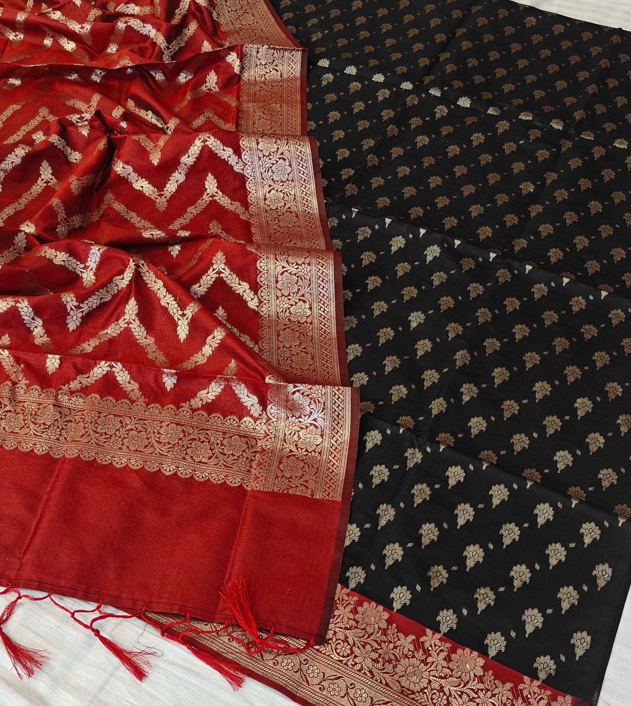 Banarasi soft silk suit in Black and Red colour combination