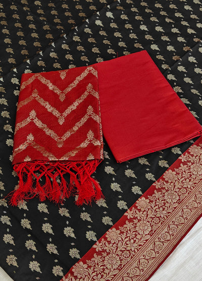 Banarasi soft silk suit in Black and Red colour combination