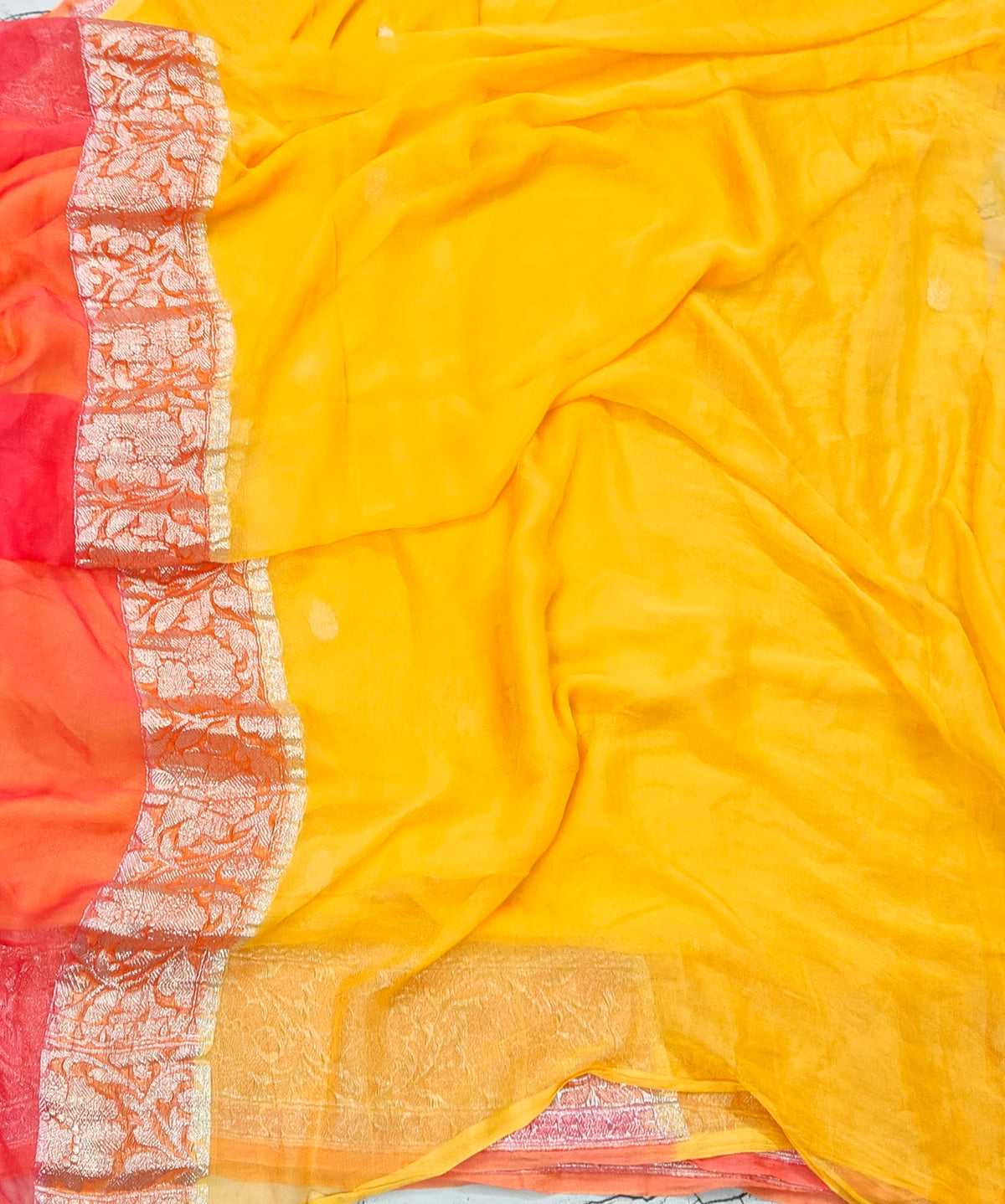 Pure khaddi chiffon saree in 3D yellow and orange colour