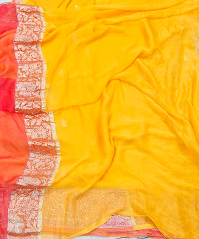 Pure khaddi chiffon saree in 3D yellow and orange colour